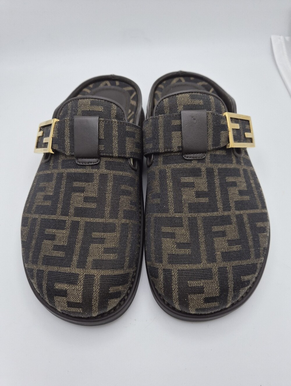 Fendi Brown and Black FF Logo Slip-On Mules with Gold Buckle